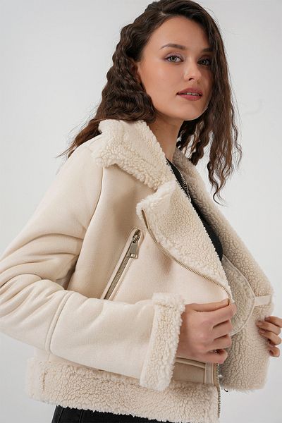 Bigdart 5155 Zweireihige Lederjacke mit Kragen aus Kunstpelz – Weiß