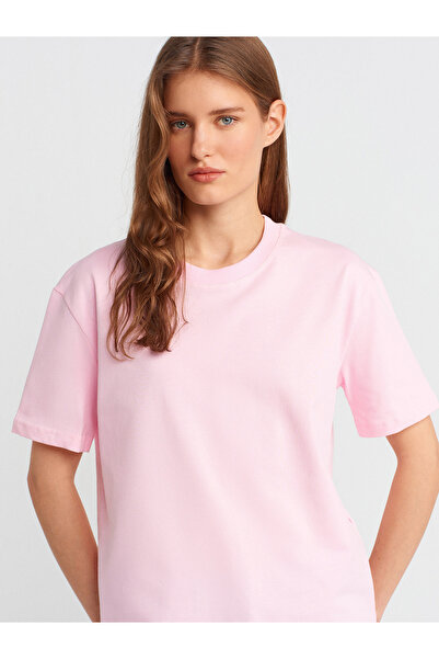 Dilvin 30312 Dekoracyjna koszulka z okrągłym dekoltem i przeszyciami – jasnoróżowa