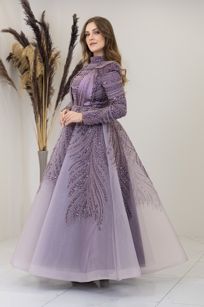 PİENNAR Draped Front Shoulder Beaded Padded Lion Evening Dress
