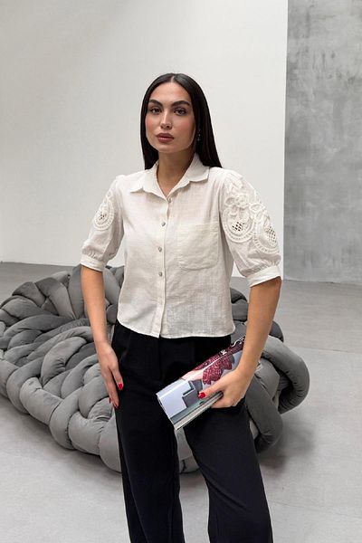 RB CLUB Cămașă de in - mânecă brodată albă
