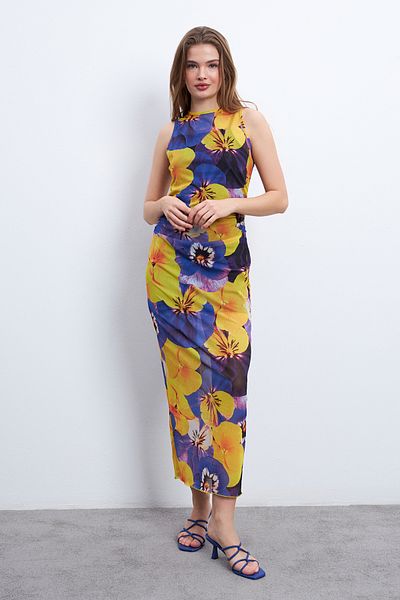 Trendseninle Rochie din tul căptușită fără mâneci cu model galben albastru