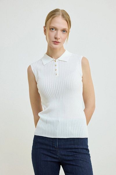 Gusto Polo Neck Sleeveless Knitwear Blouse - Ecru
