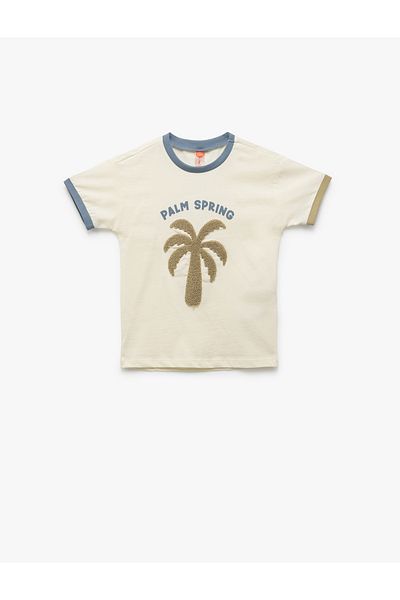 Koton Palm Embroidery Detailed Short Sleeve Crew Neck Cotton T-Shirt