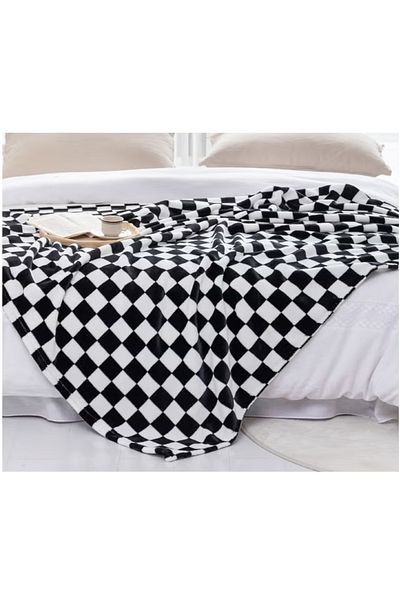 COOYA Soft Throw Blanket 150*130cm, Reversible Checkerboard Caramel, Warm Fluffy Plush Lightweight (black)