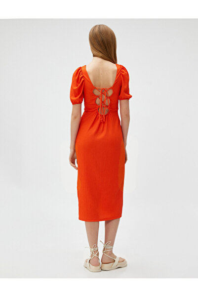 Koton Midi Elbise Balon Kollu Yırtmaçlı Kare Yaka Bürümcük