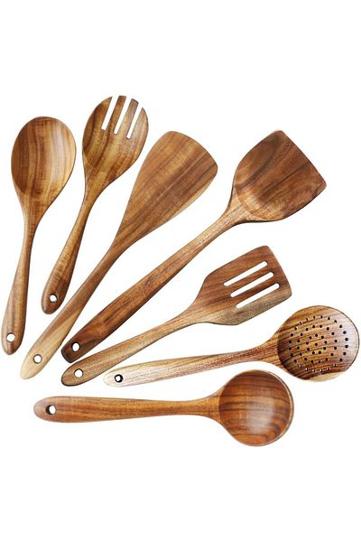 COOYA Wooden Utensils for Cooking, 7Pcs Teak Wooden Utensils, Kitchen Utensil for Stirring, Baking