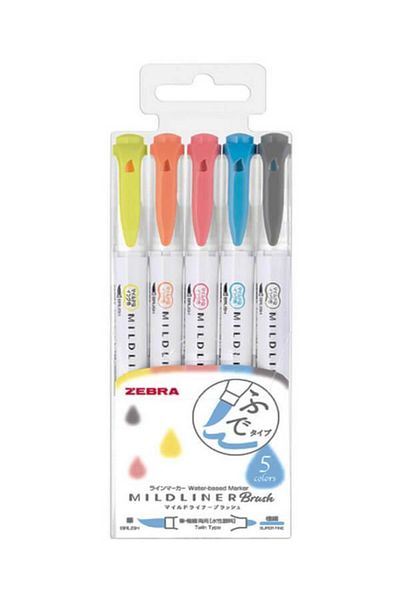 Zebra 5Pcs Mildliner Double Sided Brush Tip Marking Pen