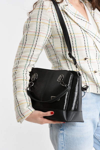 By Hakan FEMEIE JN-802 Geantă de mână pentru femei Geantă de umăr Geantă de umăr cu trei compartimente Piele lacuită NEGRĂ