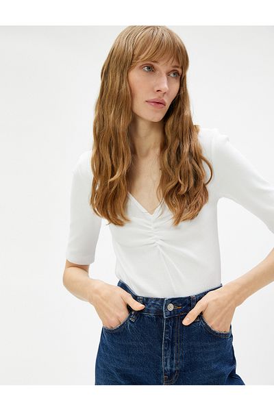 Koton Gather Detailed T-Shirt V-Neck Short Sleeve