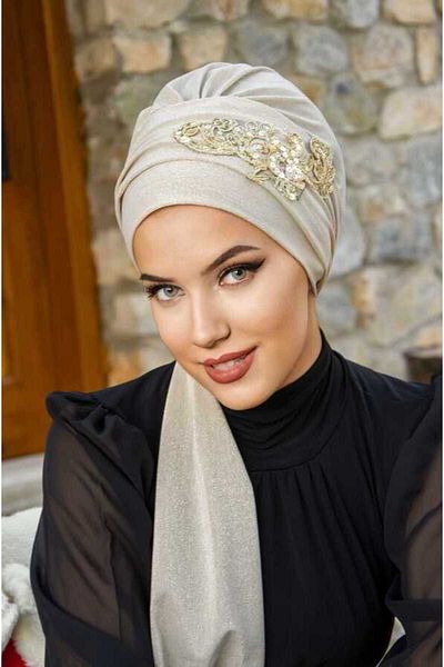 Aişe tesettür إكرو الذهب المطرزة وشاح مساء اللباس بونيه