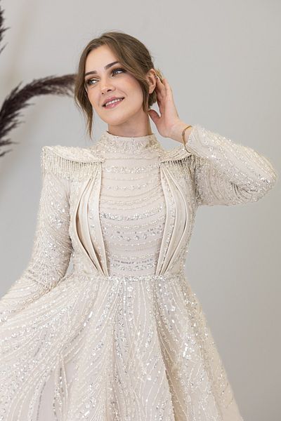 PİENNAR Draped Front Shoulder Beaded Padded Lion Evening Dress