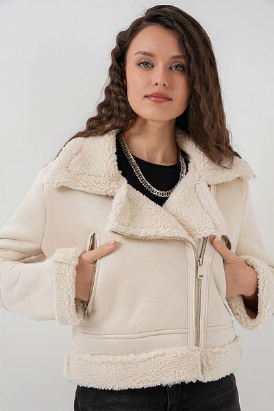 Bigdart 5155 Zweireihige Lederjacke mit Kragen aus Kunstpelz – Weiß