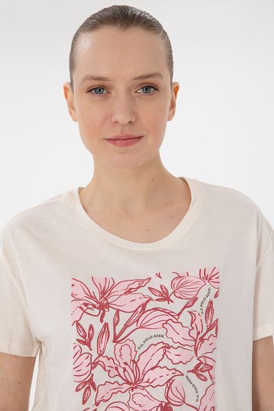 U.S. Polo Assn. Tricou de damă cu model crem cu gât turnat 50299765-VR071