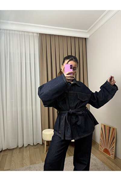 MahraWear Costum din denim cu cravată în talie albastru închis