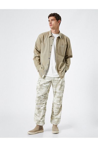 Koton Canvas Shirt Classic Collar Pocket Detailed Buttoned Label Printed Cotton