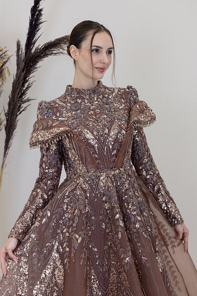 PİENNAR V Drape Eslem Evening Dress with Shoulders