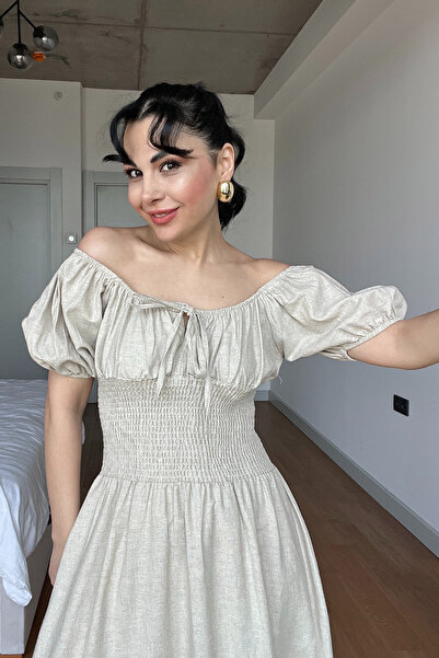 Seda Yalçın Atelier Beige Short Sleeve Dress with Gimped Front