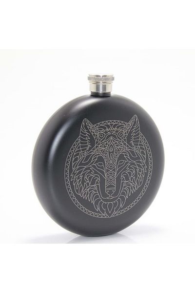 HEPBİMODA Stainless Steel Round Wolf Themed 8 oz Flask and Funnel