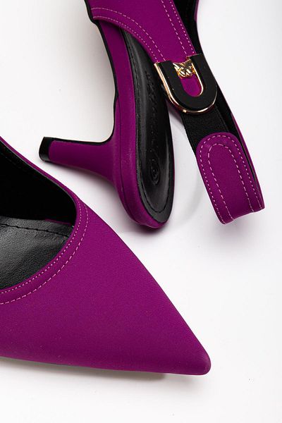 Dilimler Ayakkabı Large Size Women's Heeled Shoes Purple Satin Material Stone Buckle