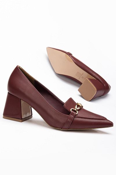 Dilimler Ayakkabı Women's High Heel Shoes Burgundy Pointed Buckle Thick Heels