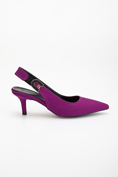 Dilimler Ayakkabı Large Size Women's Heeled Shoes Purple Satin Material Stone Buckle