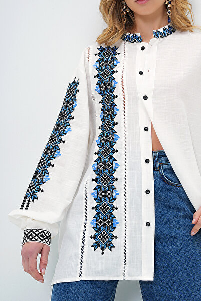 VAGGON Women's Ecru Judge Collar Embroidered Linen Shirt Prmx13716