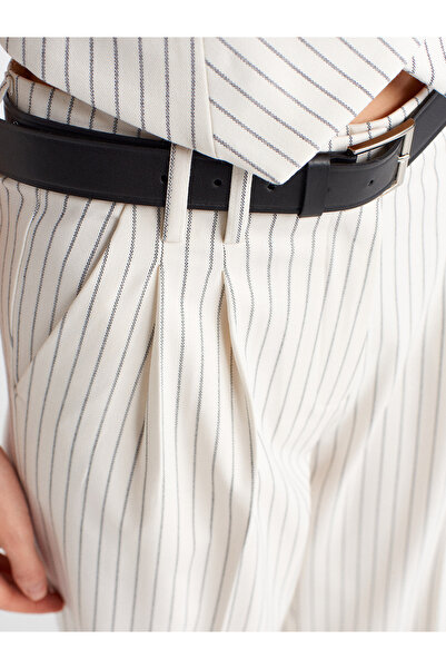 Dilvin 71620 Belted and Wide Leg Fabric Trousers-White