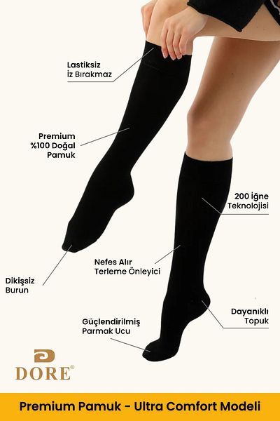 Dore Premium Knee-Length Cotton Combed - Black Women's Socks 6 Pairs Seamless Skin-Free Below Knee