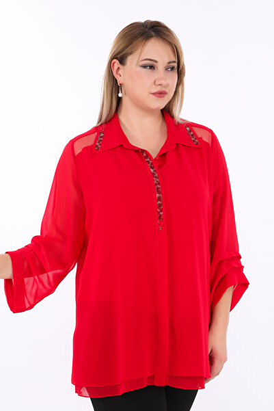 KİFAYET 23015 Yaka Ucu ve Ön Patı Taşlı 3/4 Kol Şifon Gömlek (C101)