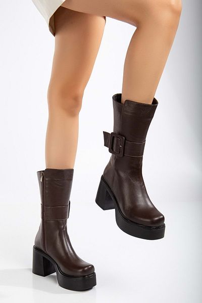 ANALİN SHOES Γυναικείες μπότες από γνήσιο δέρμα με πλατφόρμα με πόρπη με χοντρό τακούνι - καφέ