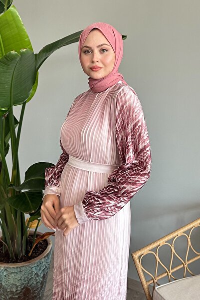 InStyle Etek Ve Kolu Desen Pudra Şifon Elbise