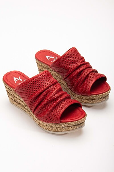 ANALİN SHOES Red Genuine Leather Women's Wedge Heel Slippers