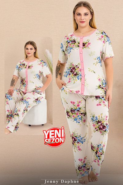 Jenny Daphne طقم بيجامة نسائي مقاس كبير بأزرار وأكمام قصيرة 11015