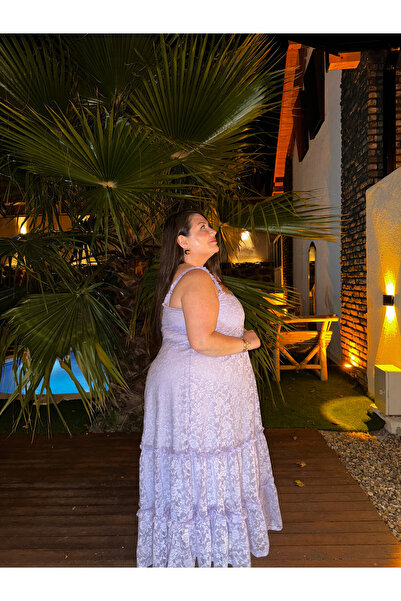 Kendinisevbutik Büyük Beden Dantelli Maxi Boy Curve Lila Elbise