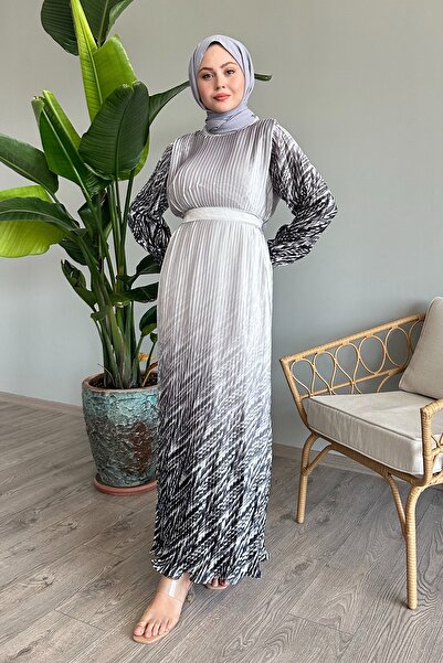 InStyle Etek Ve Kolu Desen Gri Şifon Elbise