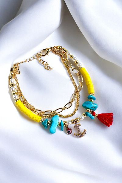 PETEK AKSESUAR Stone Anchor Tassel Fimo Turquoise Bracelet