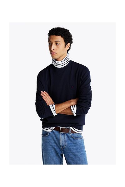 Tommy Hilfiger Pulover pentru bărbați albastru bleumarin - bumbac, ocazional, logo-ul mărcii, MW0MW37237-DW5
