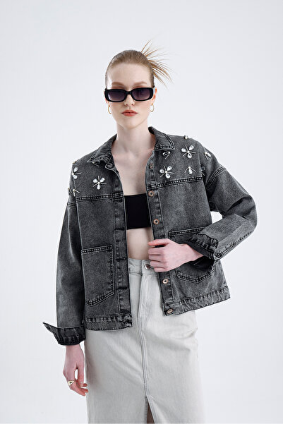 For Angels Double Pocket Jeans Jacket with Stones on the Shoulder