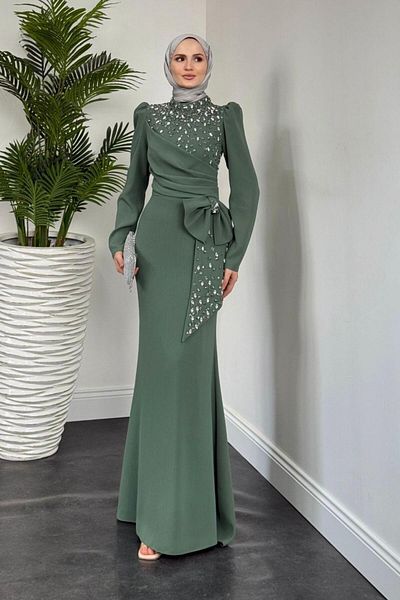 MERVEN AKYÜZ Βραδινό φόρεμα Lalissa Side Bow Stone Crepe Mint