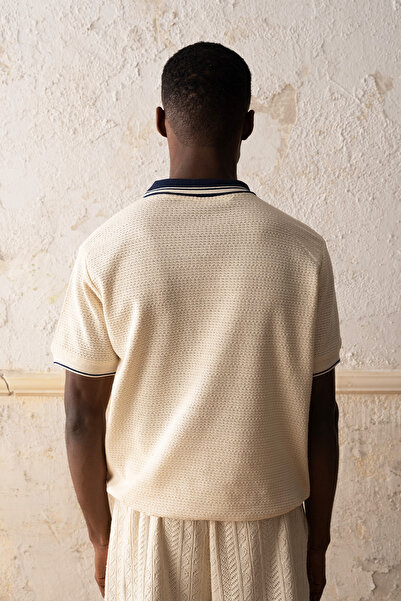 GIESTO Смугаста футболка з коміром-стійкою темно-синього кольору