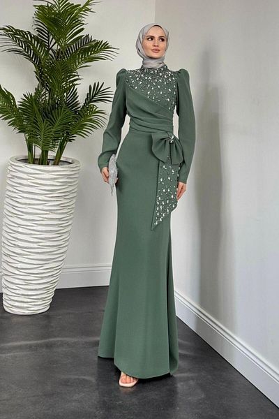 MERVEN AKYÜZ Βραδινό φόρεμα Lalissa Side Bow Stone Crepe Mint