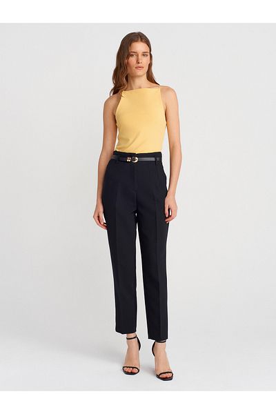 Dilvin 71632 Belted High Waist Trousers-Black