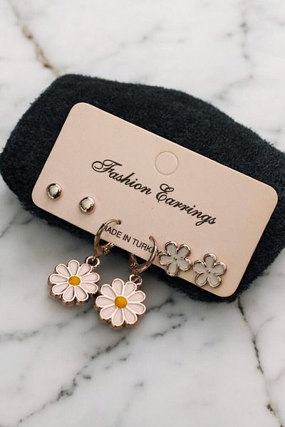 EUROMODA Colorful Daisy and Flower Patterned Ball Earrings Set of 3