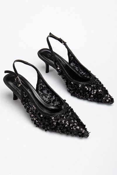 Dilimler Ayakkabı Women's Black Sequin Open Heeled Evening Dress Shoes