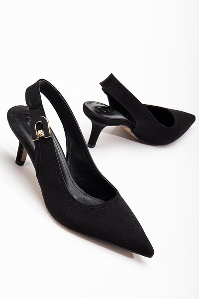 Dilimler Ayakkabı Large Size Women's Heeled Shoes Black Satin Material Stone Buckle