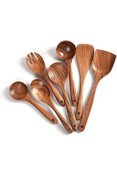 COOYA Wooden Kitchen Utensils, Natural Teak Wood Utensil Set, Nonstick Wooden Spoons for Cooking