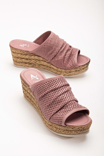 ANALİN SHOES Pink Genuine Leather Wedge Heel Women's Slippers