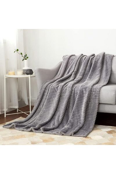 df home Soft Striped Welsoft Bedspread/ Blanket 150X200 (Gray)