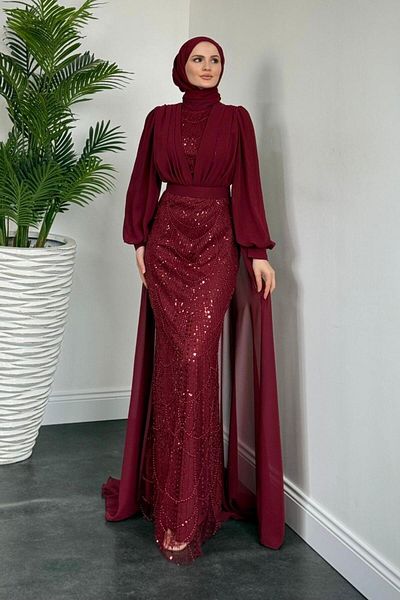 MERVEN AKYÜZ Stella Beaded Cape Evening Dress - Burgundy Color