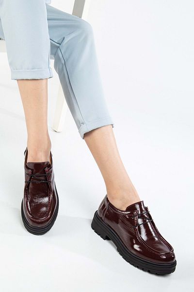 ANALİN SHOES Pantofi Oxford de damă din piele lacuită burgundă - piele naturală, talpă groasă și șireturi